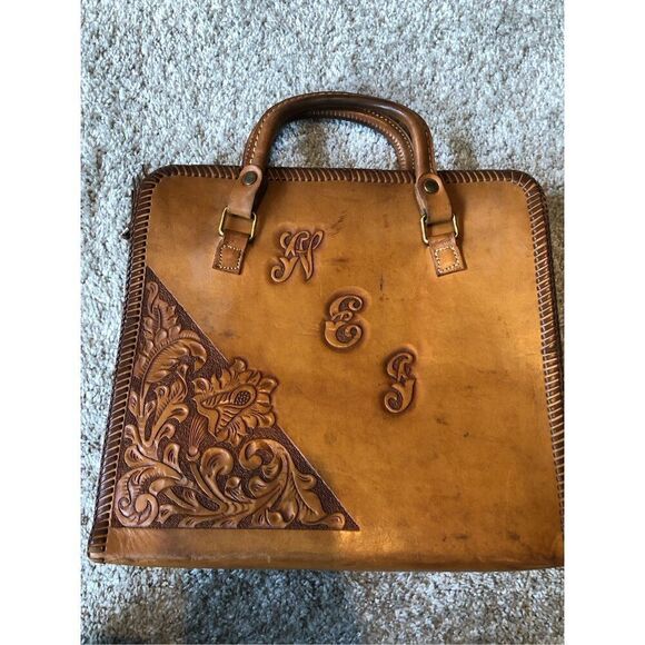 Vintage “W.E.J.” Initialed Women’s Brown Leather Hand Bag - Picture 2 of 11